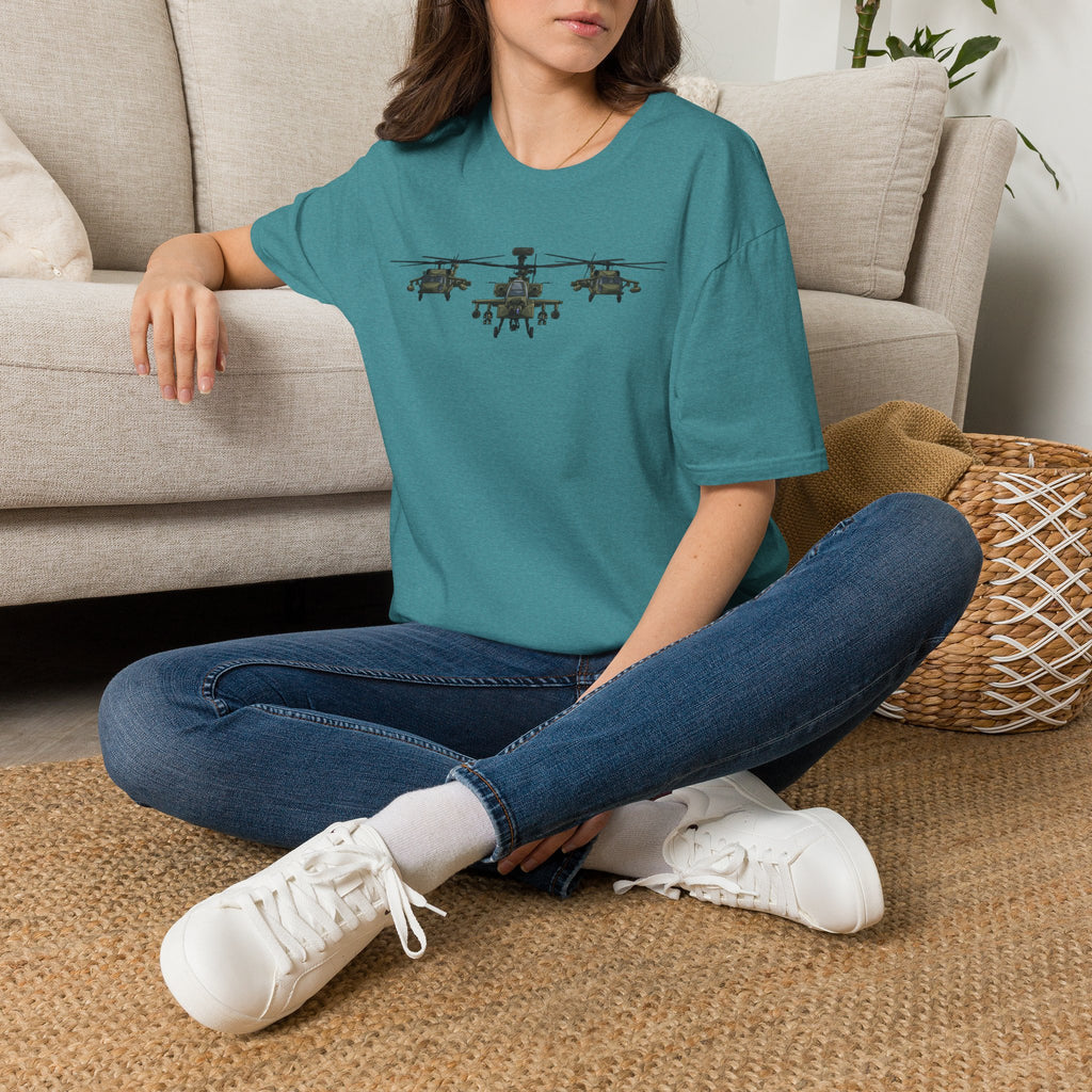 Teal crew-neck T-shirt with three helicopter graphic on front