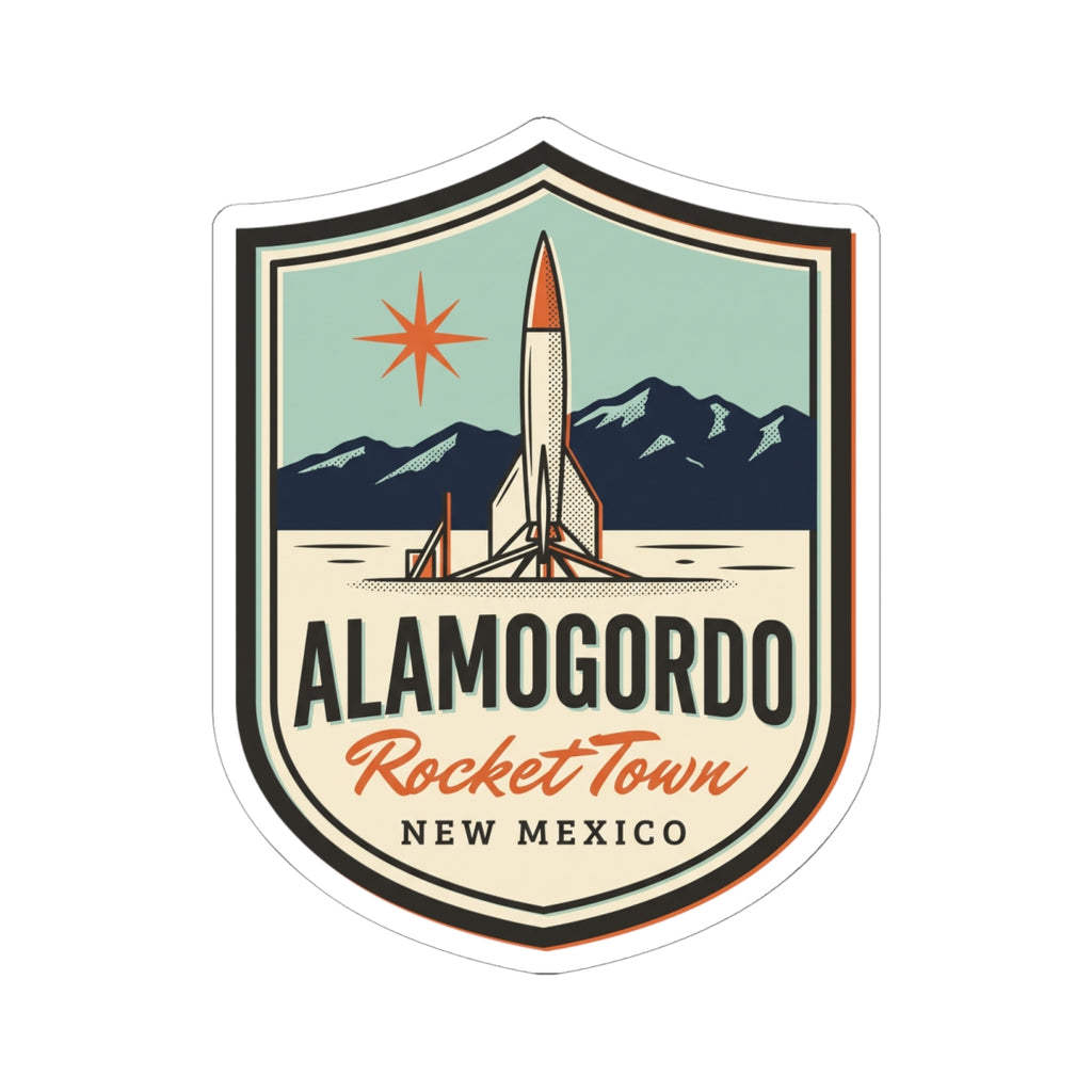 Alamogordo Rocket Town New Mexico rocket shield sticker, colorful rocket and mountains