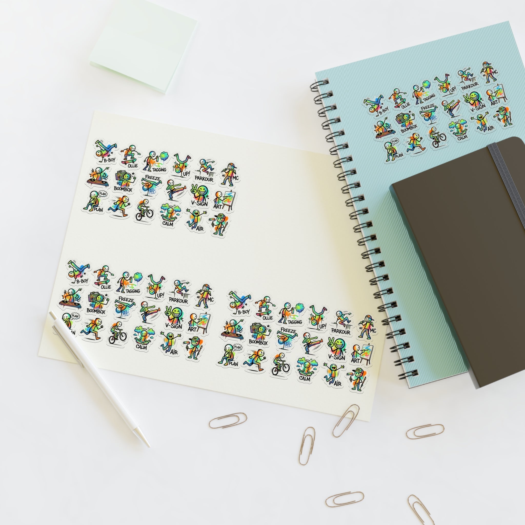 Planner sticker sheet with many die-cut exercise character icons on a white card