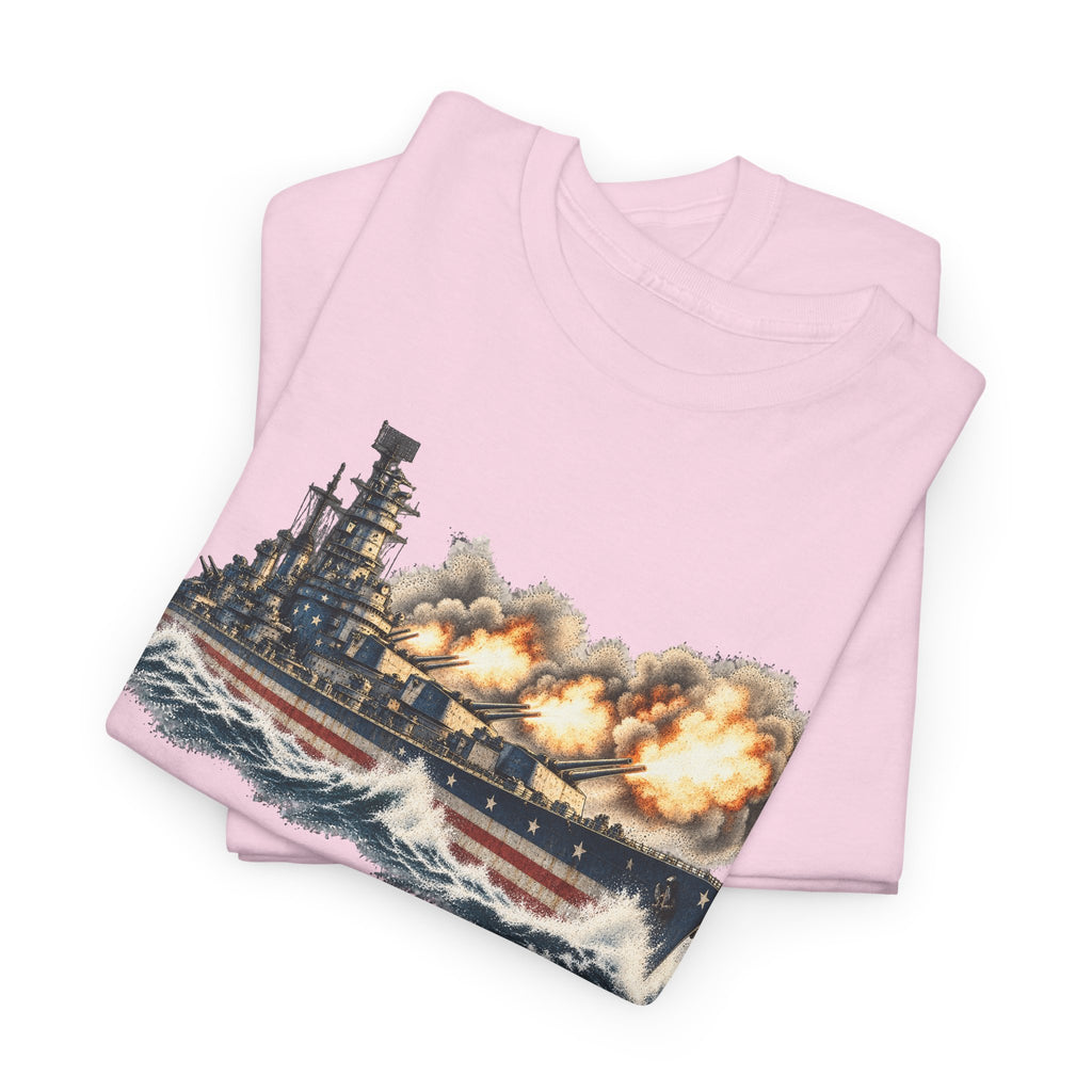 Light pink crew-neck T-shirt with battleship graphic and smoke cloud print on front