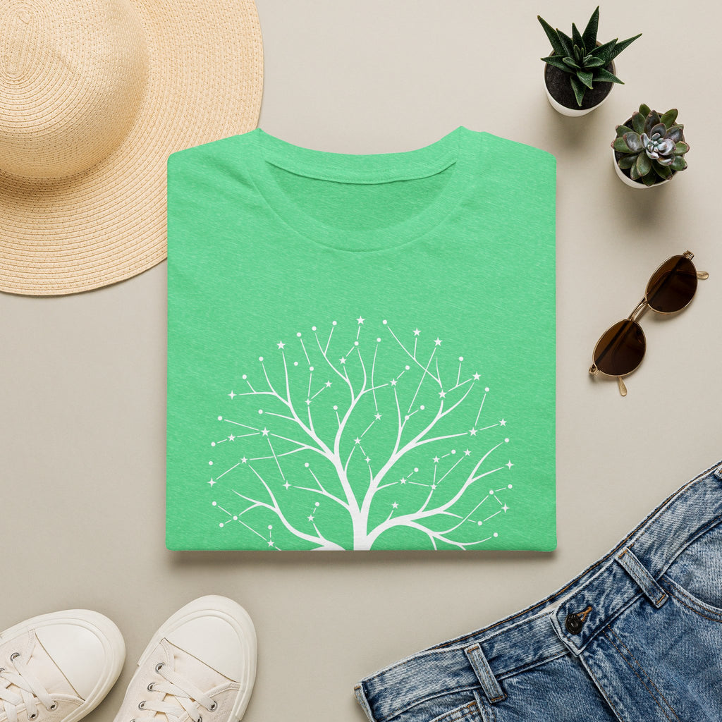 Bright green t-shirt with white celestial tree of life and star constellation artwork on front.