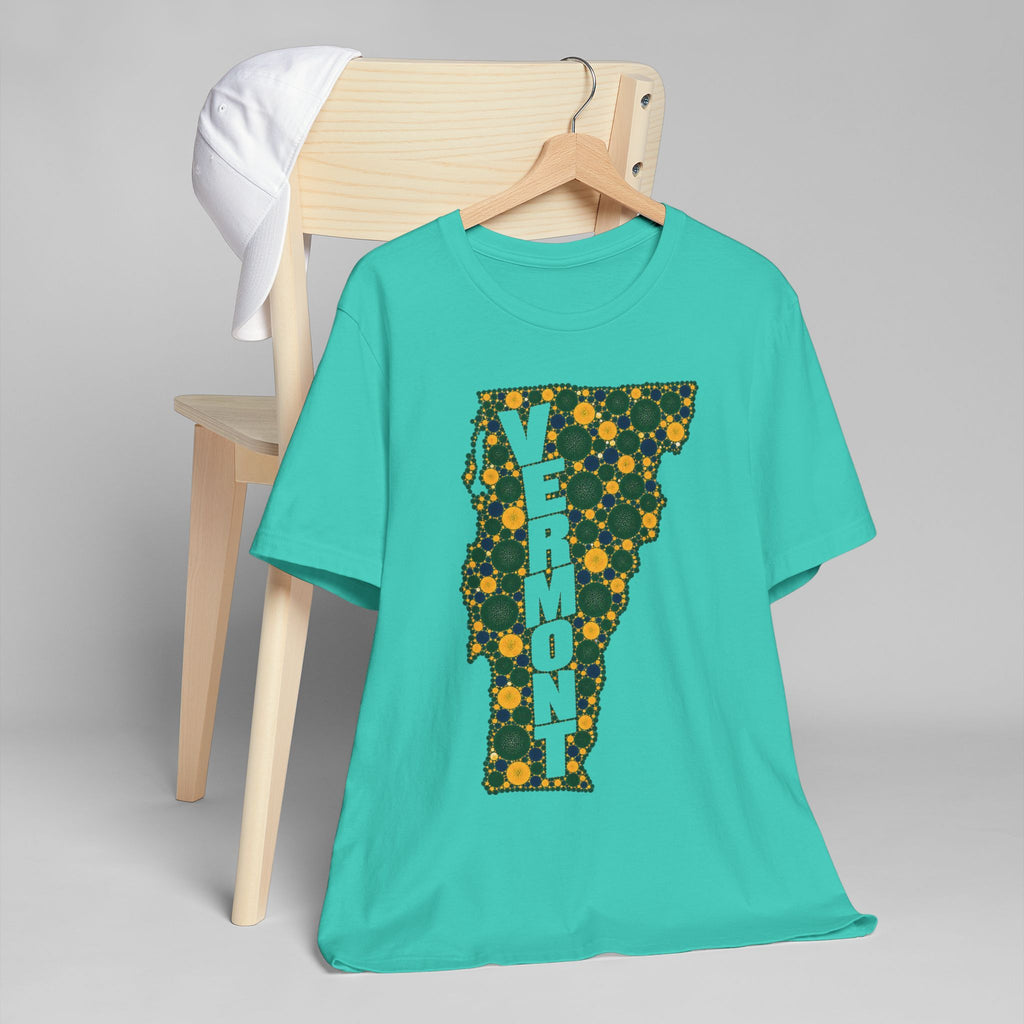 Vermont floral map graphic T-shirt, teal with green and gold Vermont outline design