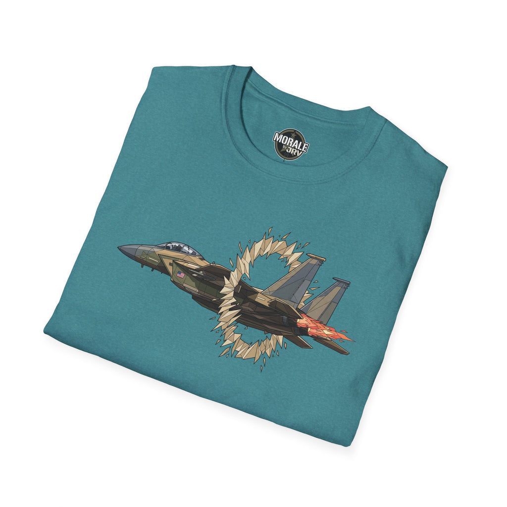 Teal crew-neck T-shirt with fighter jet graphic and flame-burst design
