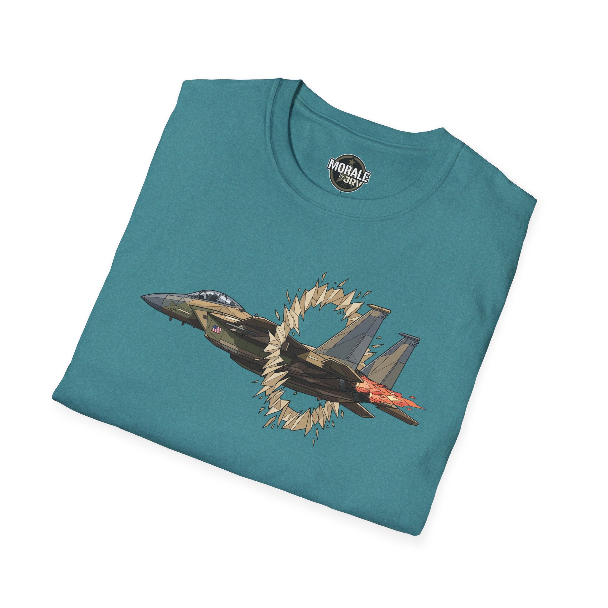 Teal crew-neck T-shirt with fighter jet graphic and flame-burst design