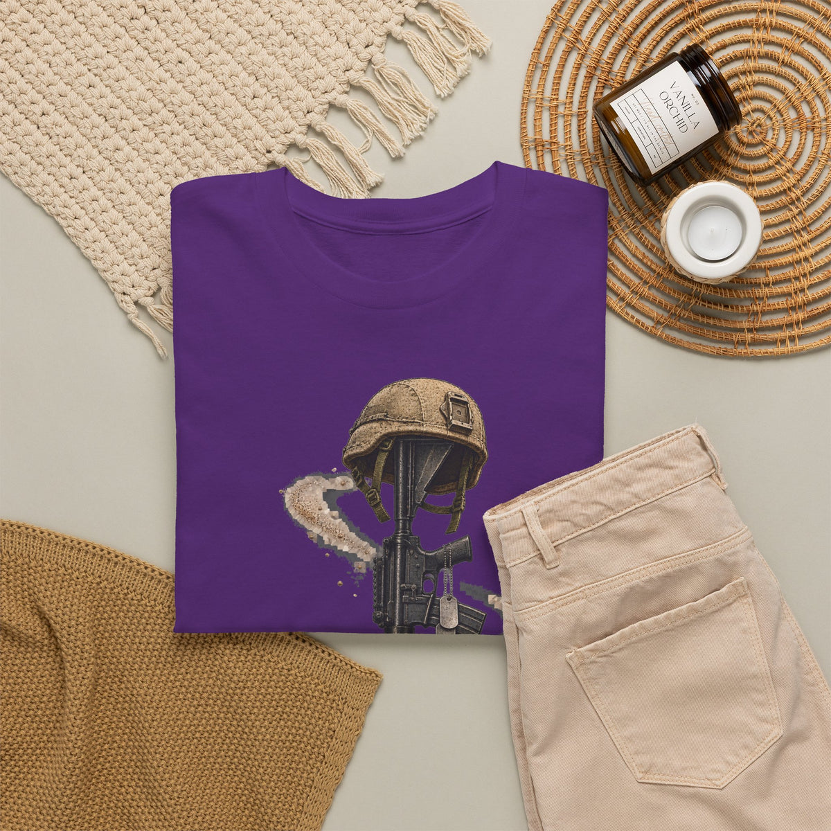 Purple crewneck T-shirt with helmeted soldier holding a rifle graphic