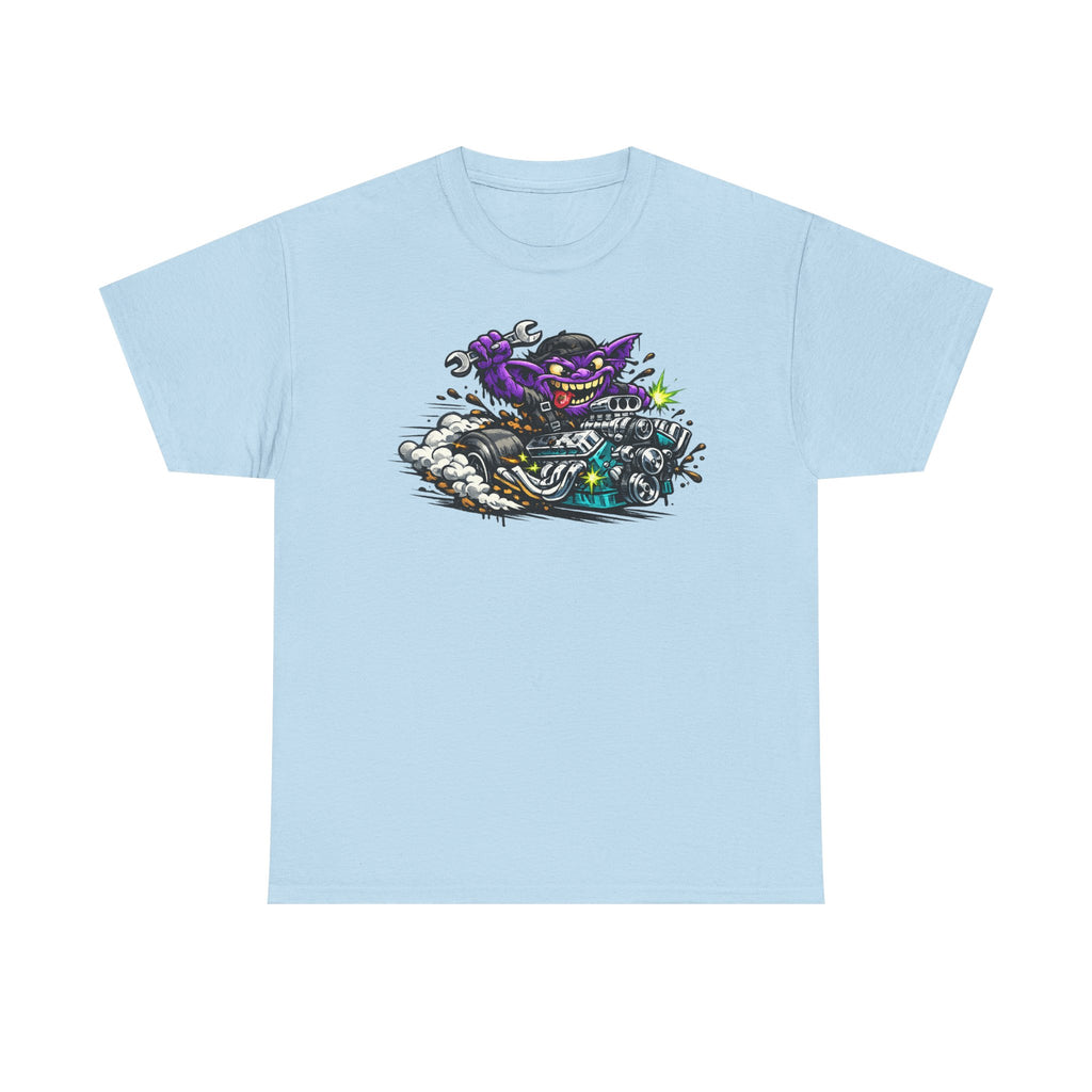 Light blue biker cat graphic T-shirt with grinning cat on a motorcycle