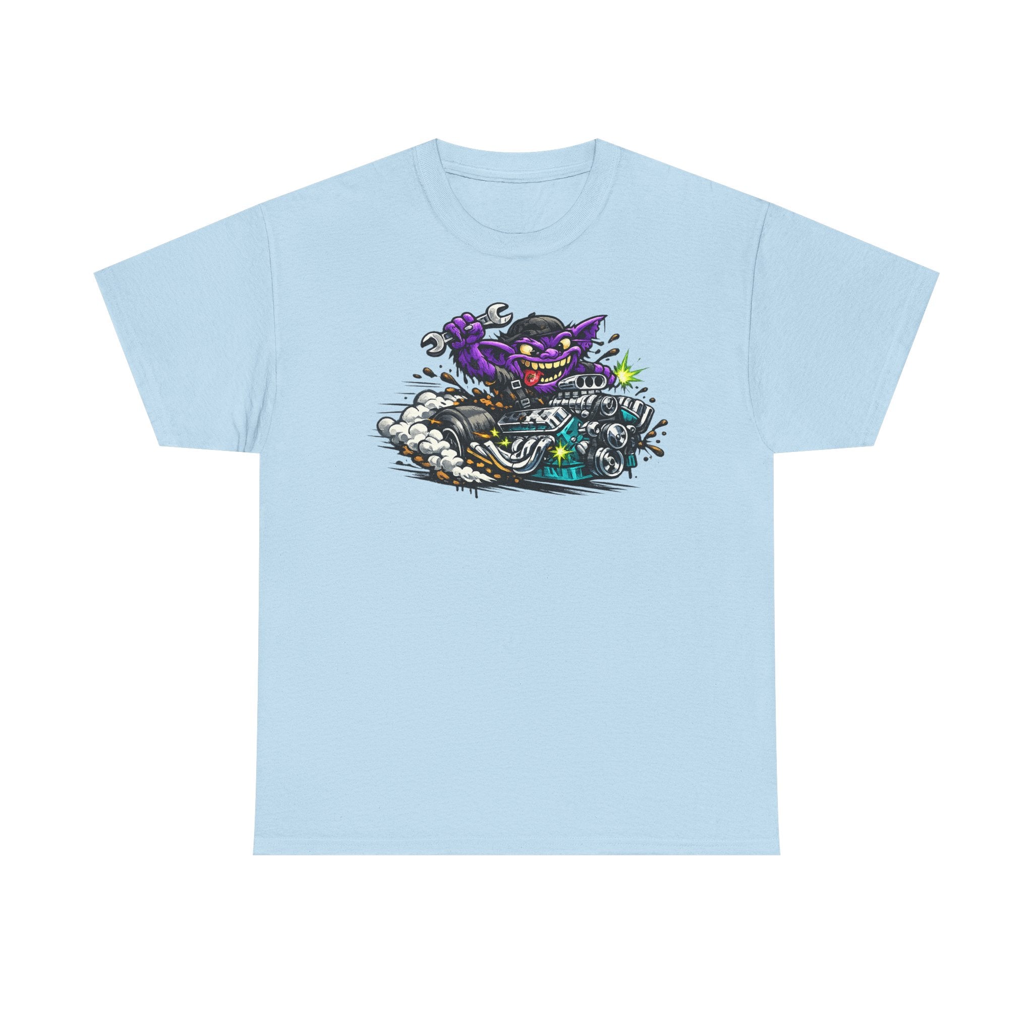 Light blue biker cat graphic T-shirt with grinning cat on a motorcycle