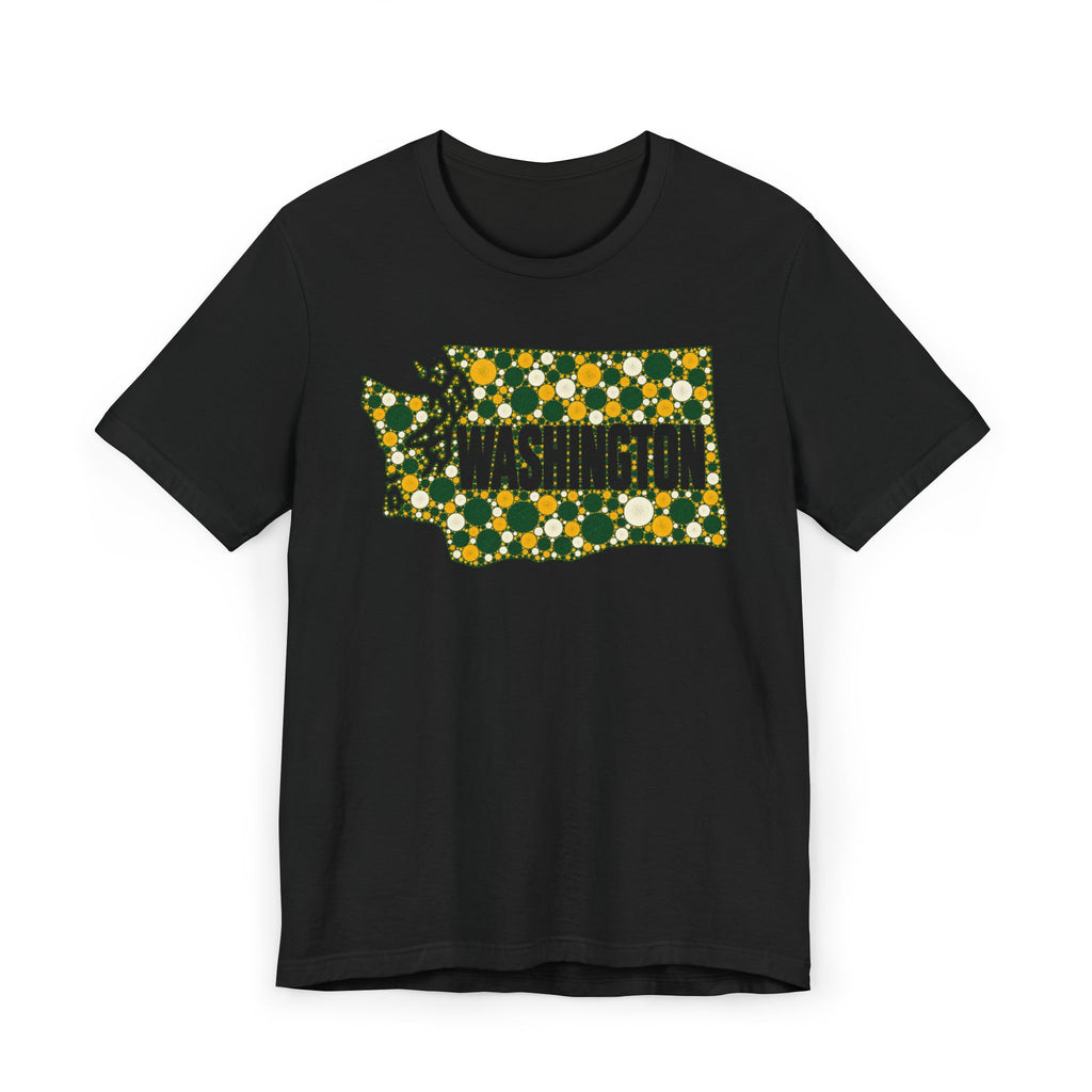 Black crewneck T-shirt with Washington floral dot outline graphic in green and gold