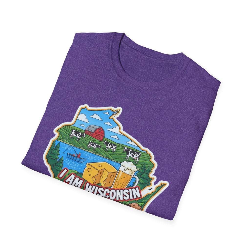 I Am Wisconsin map T-shirt, heather purple with colorful Wisconsin state logo graphic