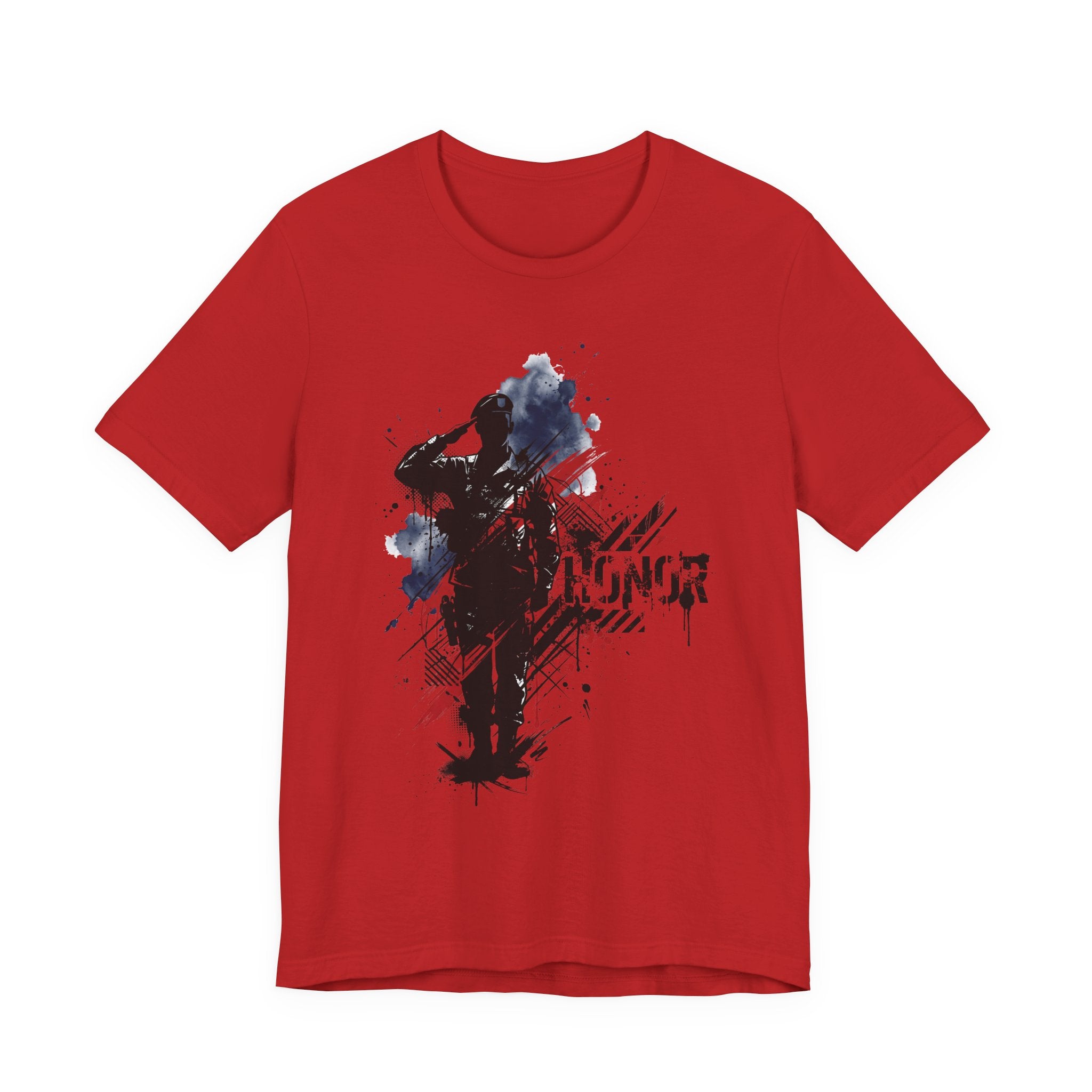 Red T-shirt with black, blue, and red soldier silhouette graphic with splatter paint design