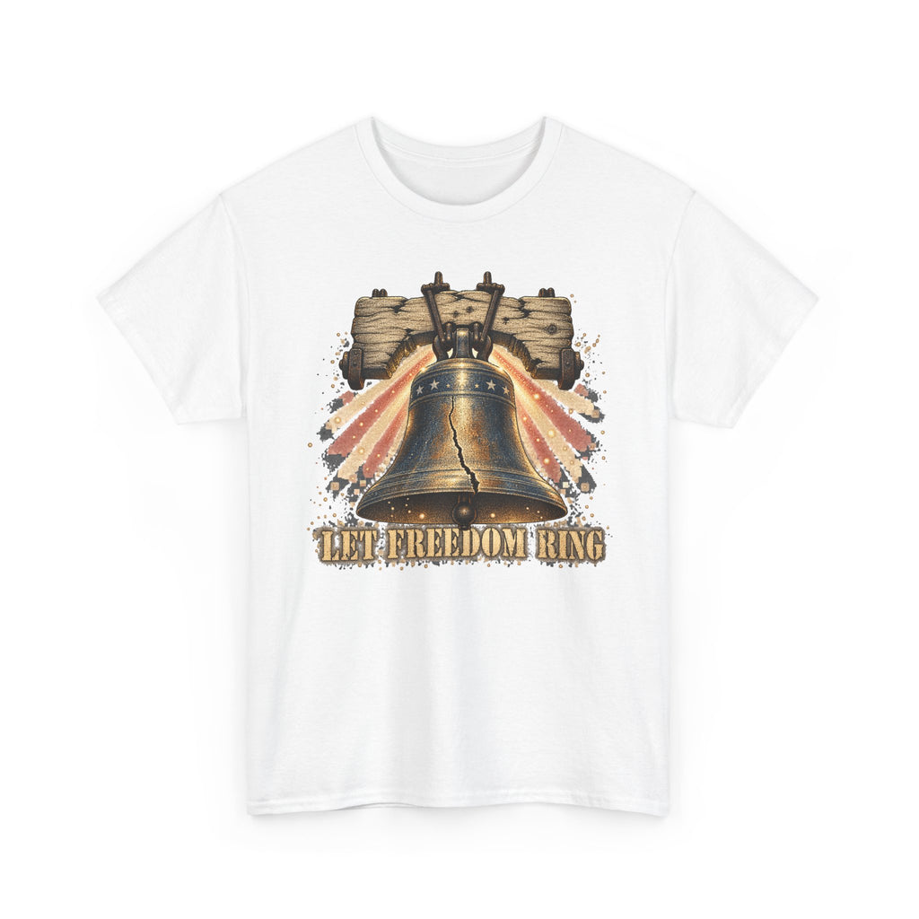 White liberty bell graphic T-shirt with vintage "LET FREEDOM RING" print