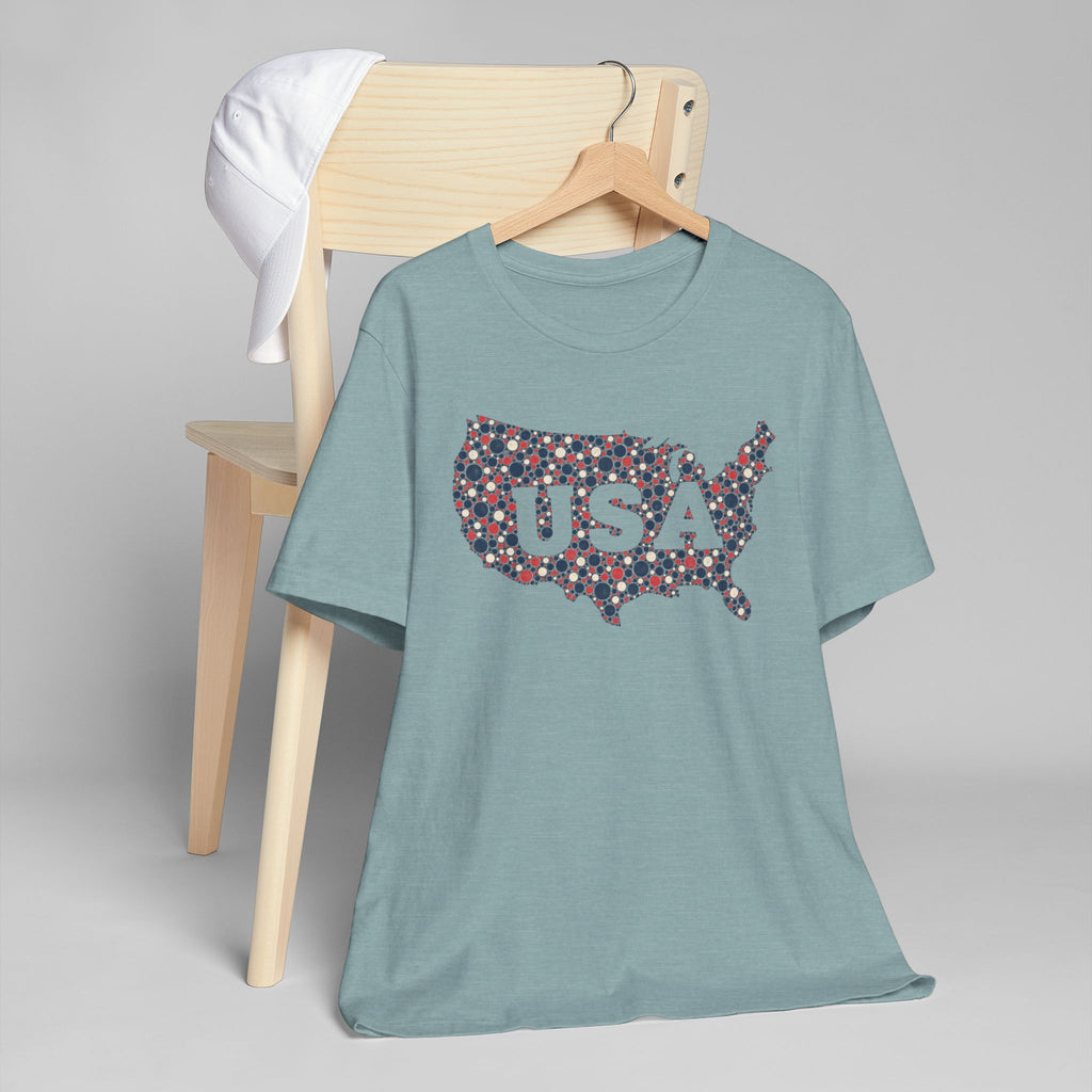 Teal T-shirt with colorful USA map graphic in red, blue, and white dots