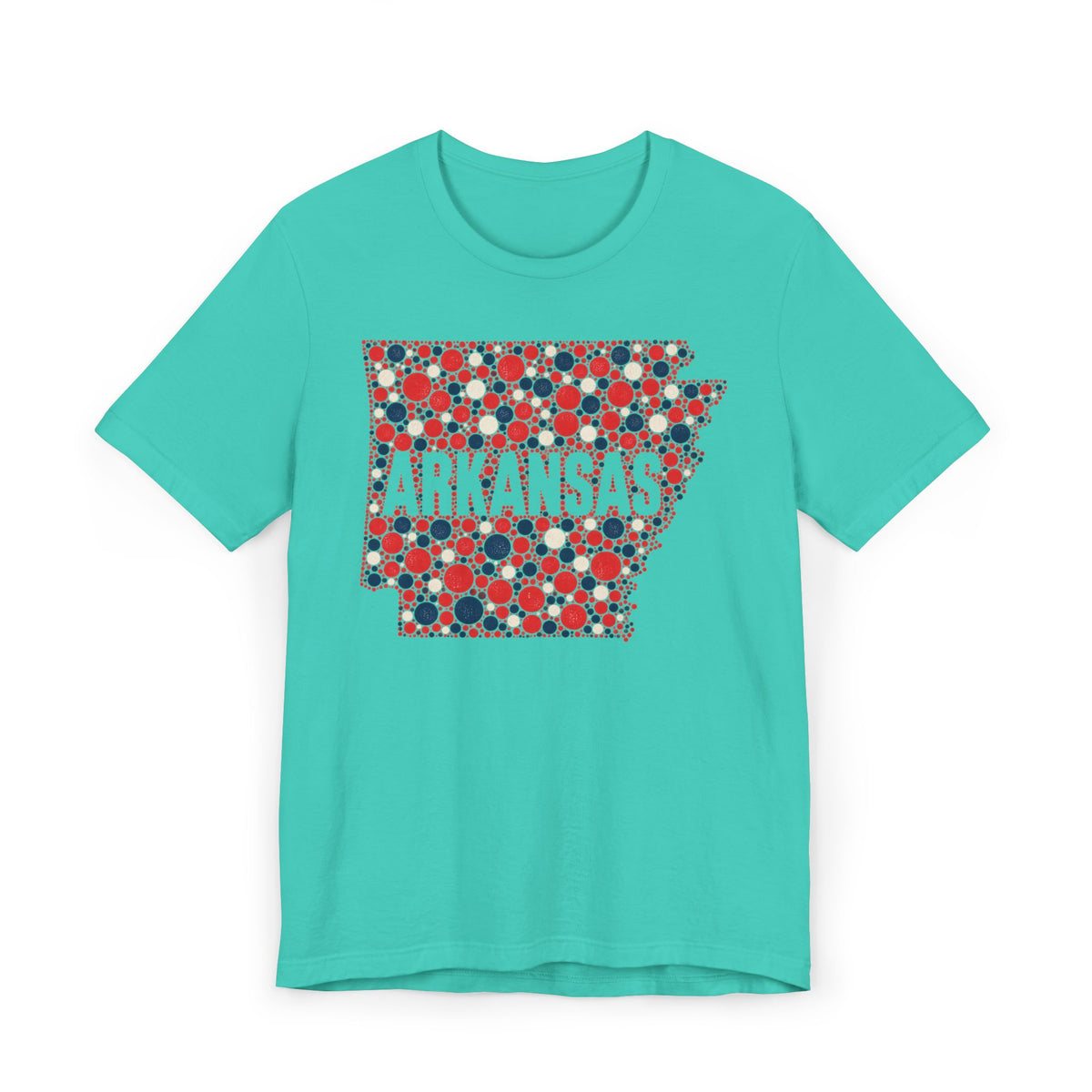 Turquoise T-shirt with Arkansas outline graphic in red, white, and blue dot pattern