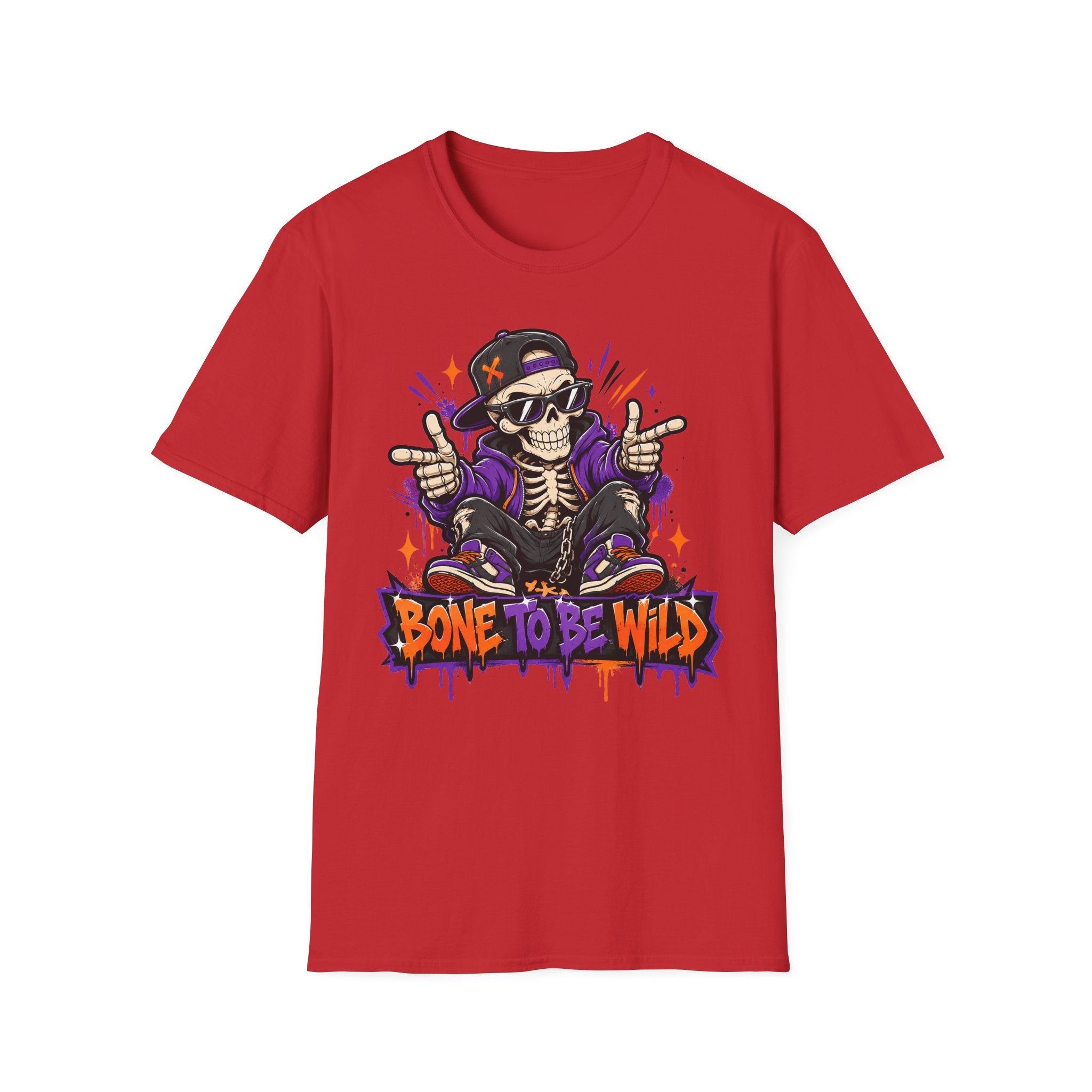 Red crewneck T-shirt with colorful DJ skeleton graphic on chest