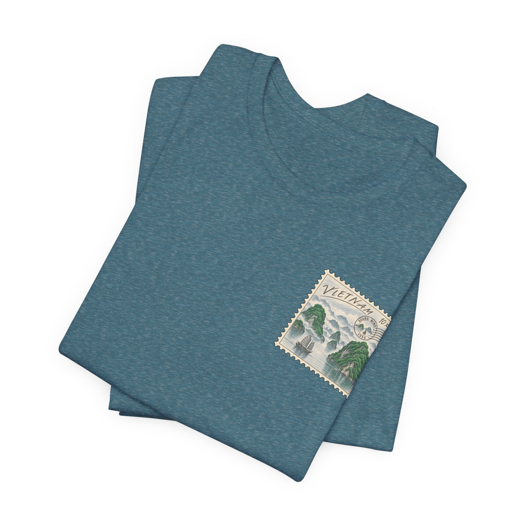 Teal heather vintage travel T-shirt with Vietnam postage-stamp front graphic