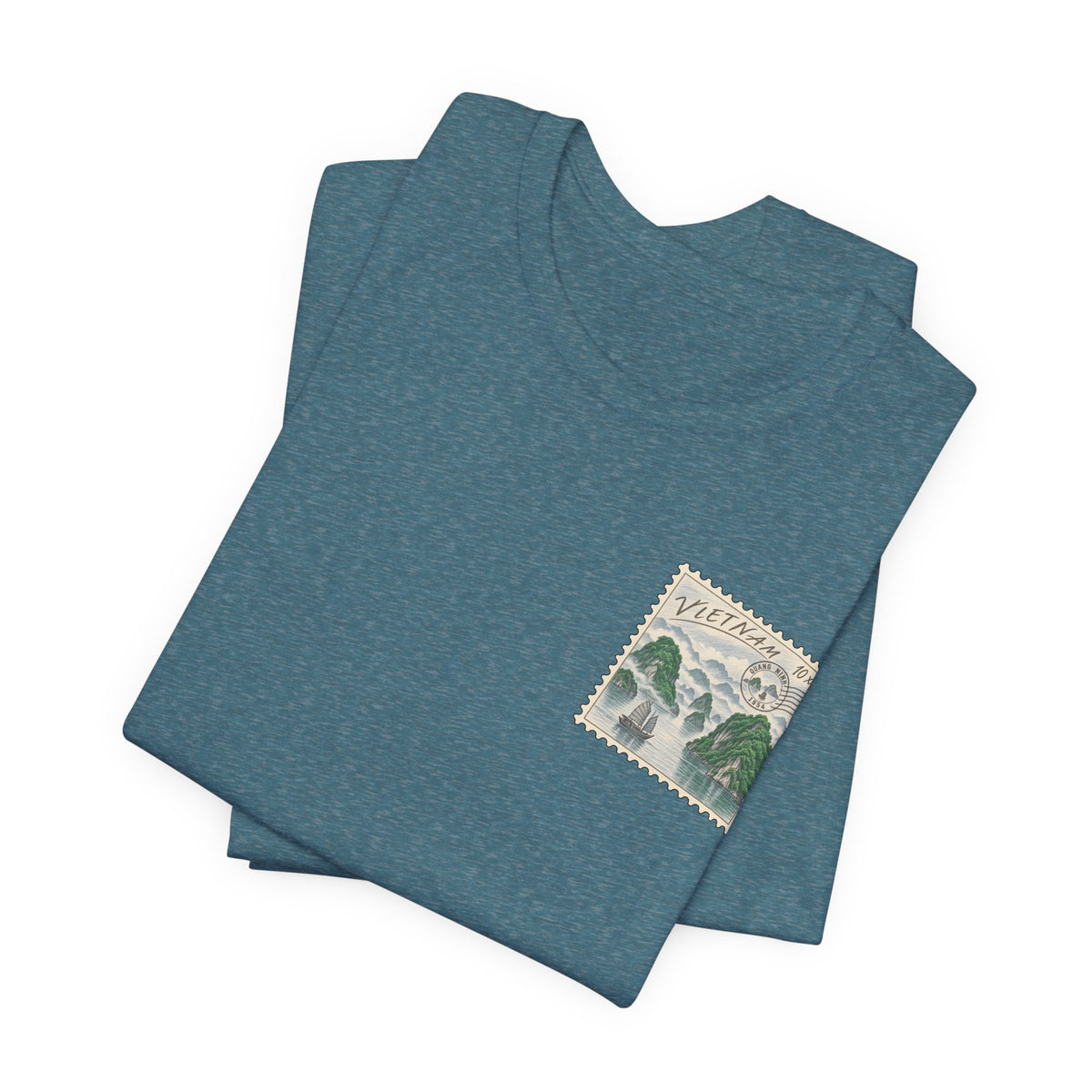 Teal heather vintage travel T-shirt with Vietnam postage-stamp front graphic