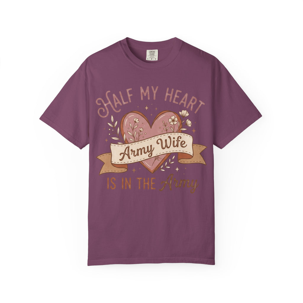 Dark purple T-shirt with “Half My Heart” and “Army Wife” heart graphic