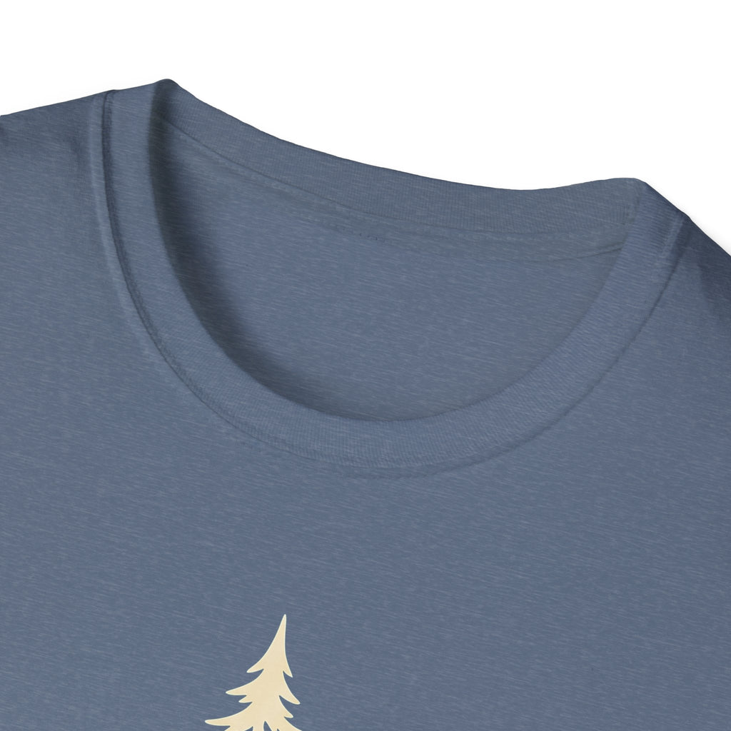 Heather blue T-shirt close-up of crew neckline with small pine tree graphic