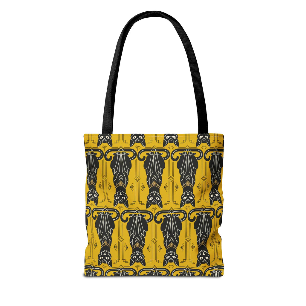 Yellow tote bag with black cat pattern and decorative border; black shoulder straps