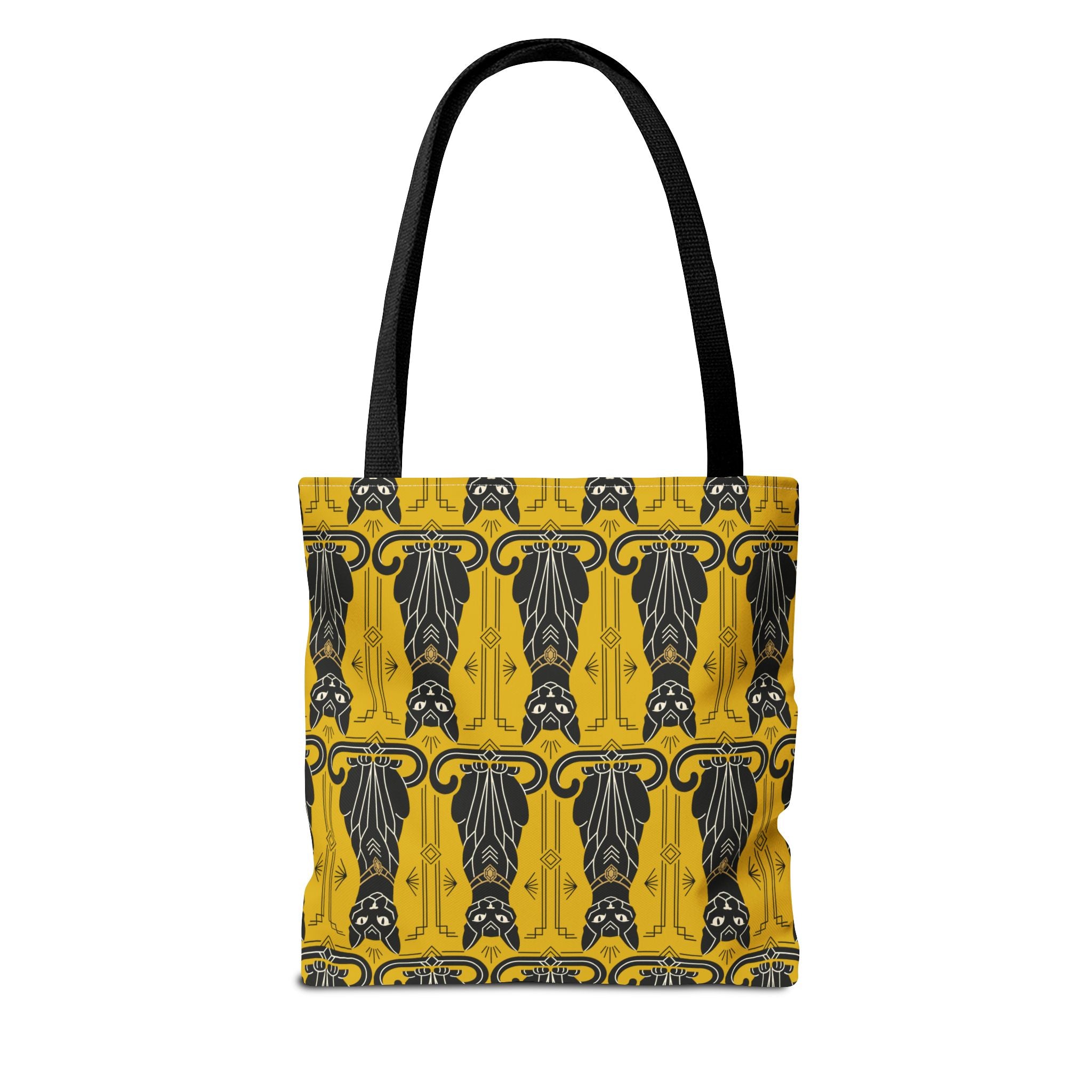 Yellow tote bag with black cat pattern and decorative border; black shoulder straps