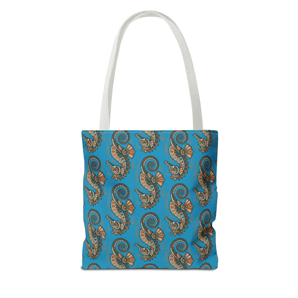 Seahorse pattern tote bag in blue with ornate steampunk seahorses; white handles