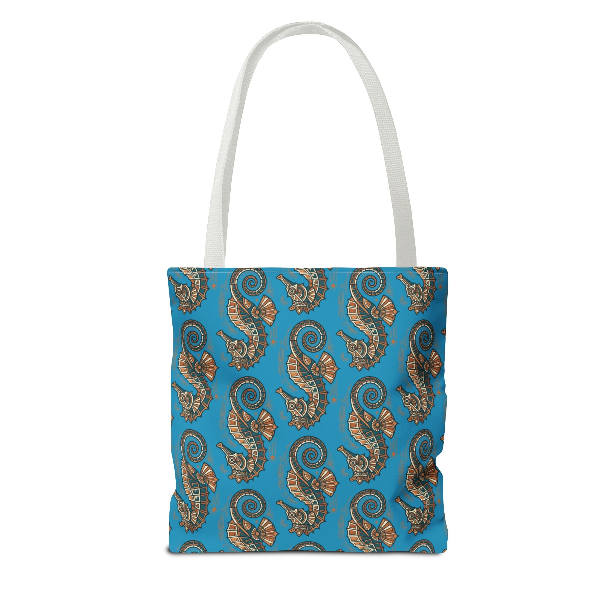 Seahorse pattern tote bag in blue with ornate steampunk seahorses; white handles