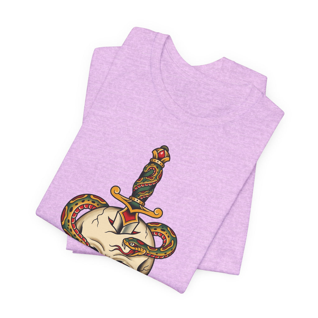 Prism lilac t-shirt with colorful snake skull and dagger graphic, folded
