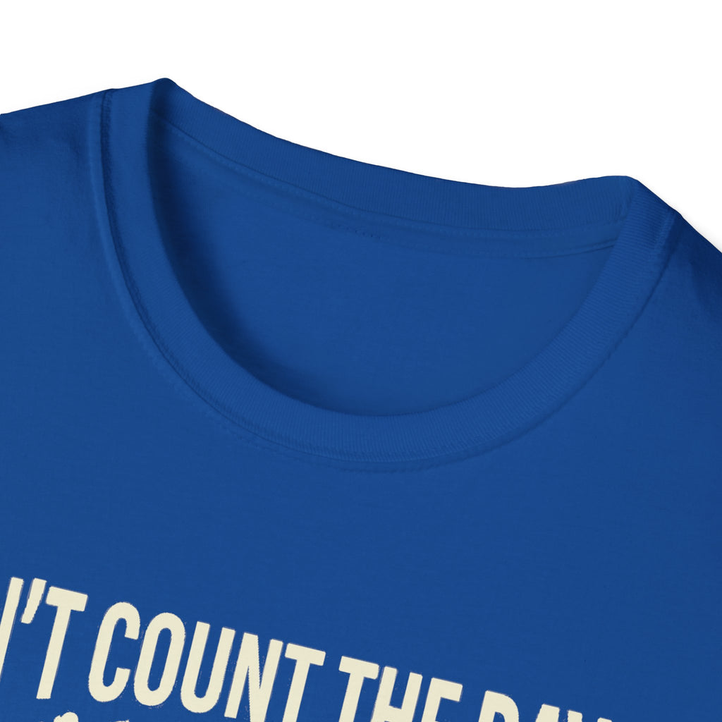 Royal blue T-shirt neckline with partial “COUNT THE DAYS” quote text