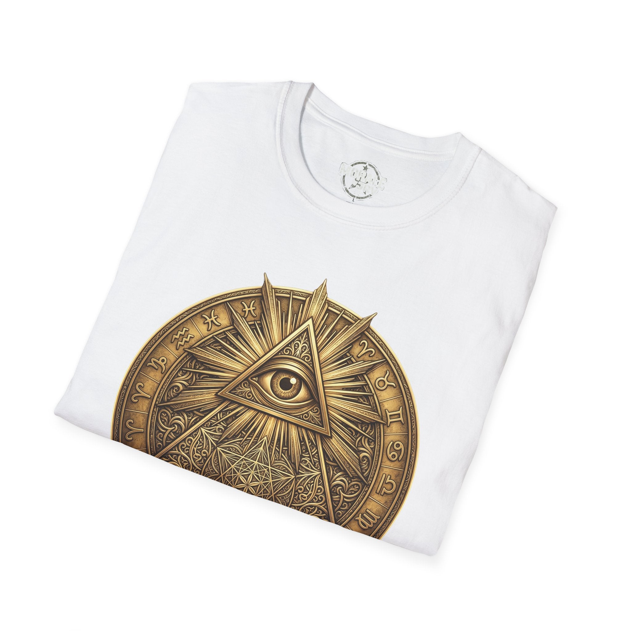 White t-shirt with gold all-seeing eye mandala pyramid symbol, close-up