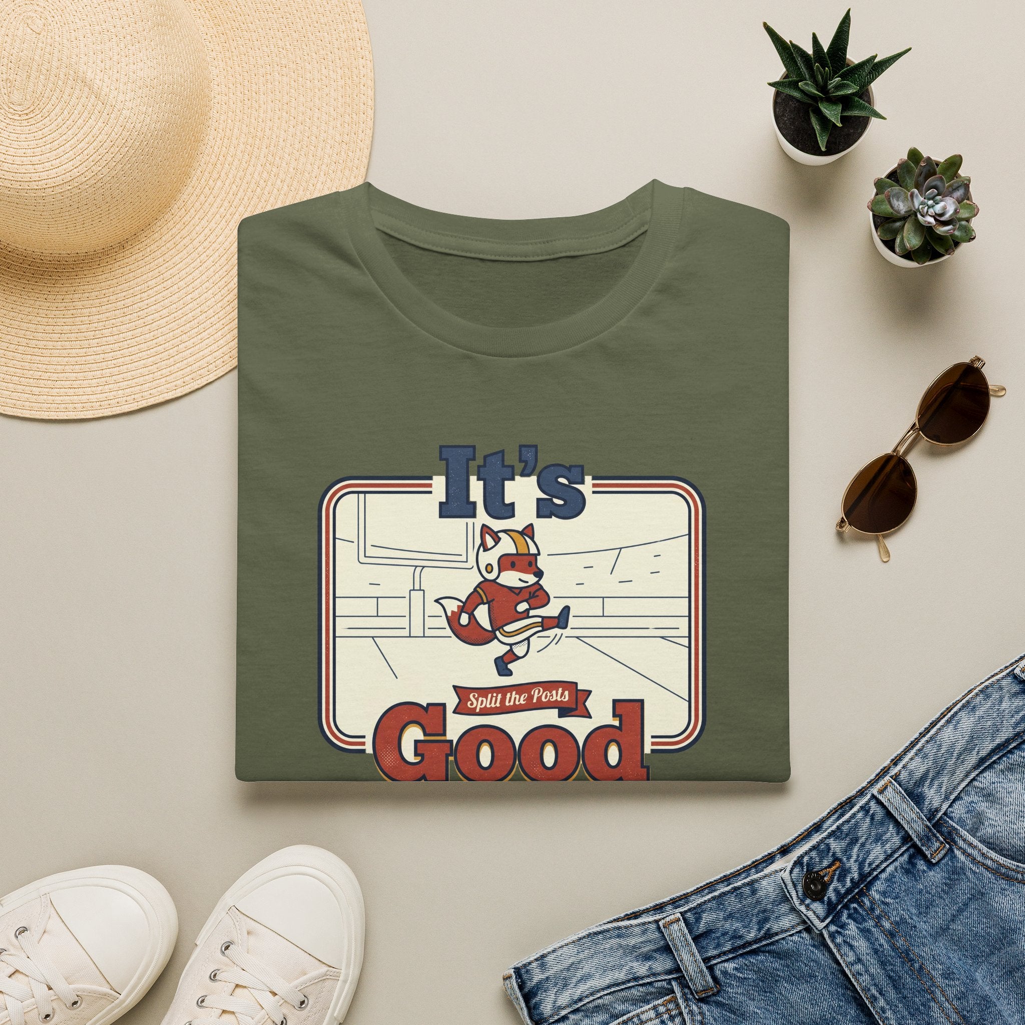 Dark green T-shirt with vintage skate fox graphic and “It’s Good” slogan centered