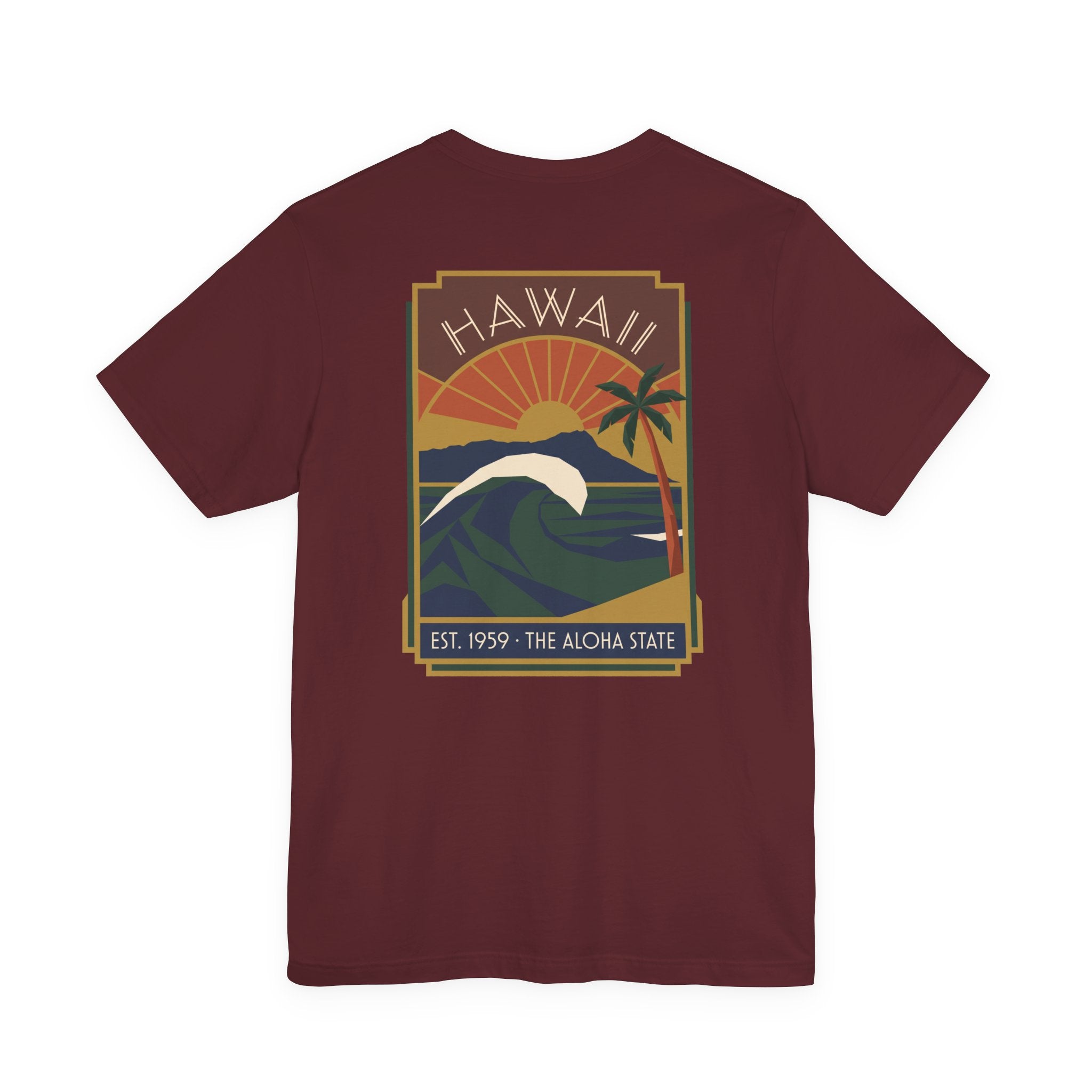 Maroon T-shirt with rectangular Hawaii surf sunset graphic on the chest