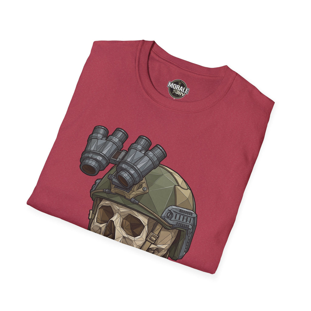 Red T-shirt front graphic: armored helmet with binoculars and barrels