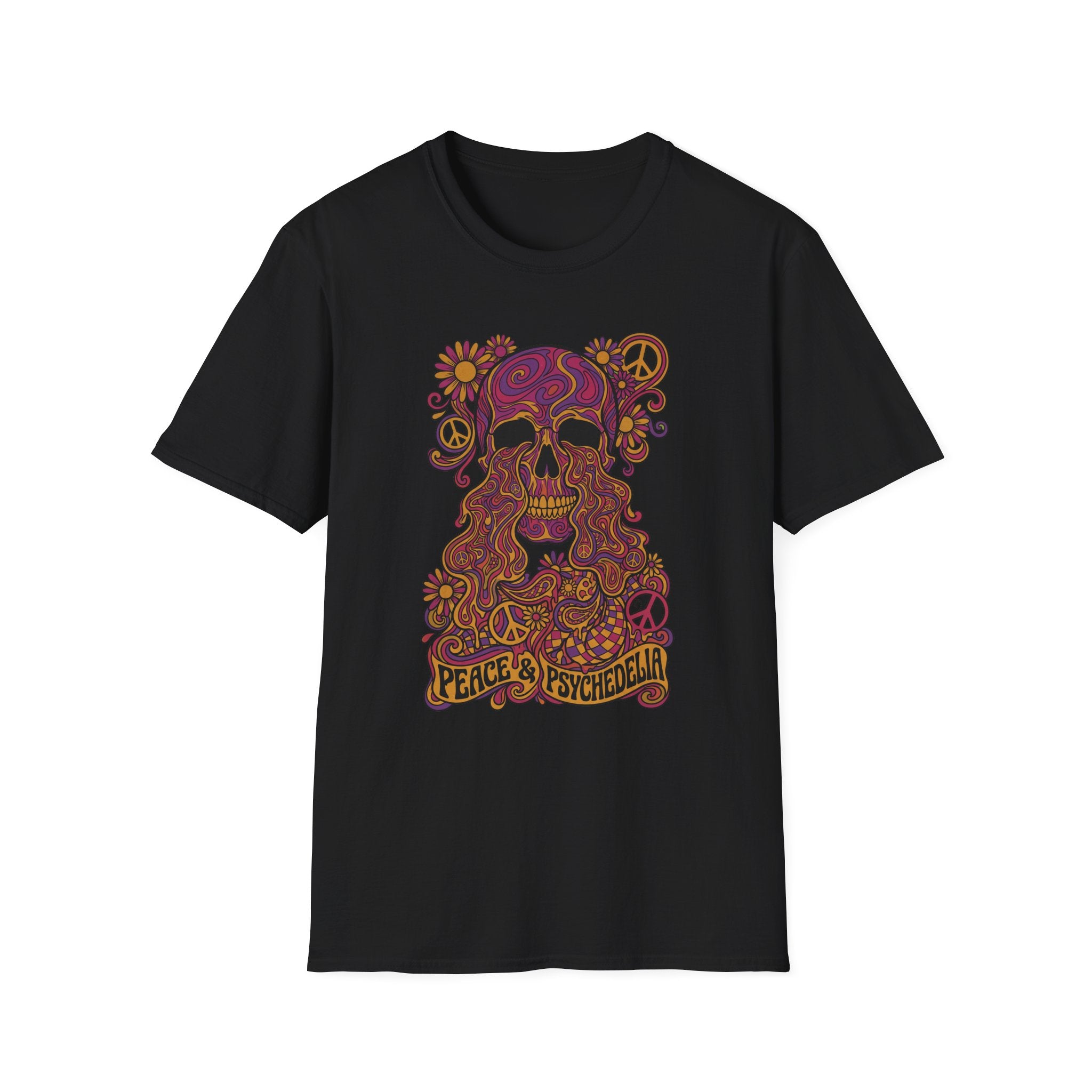Skull T-shirt in black with colorful floral psychedelic skull graphic and peace slogan