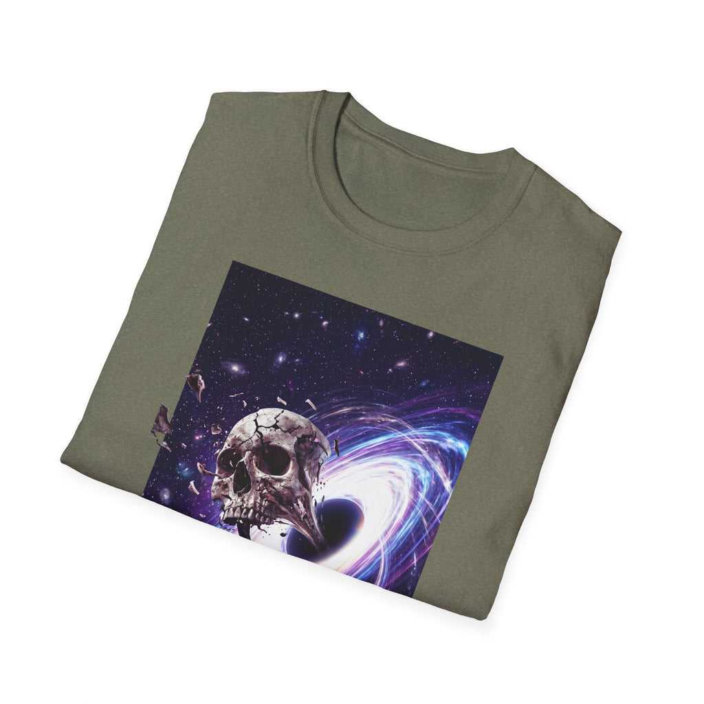 Olive Galaxy skull T-shirt with purple nebula skull and space swirl graphic