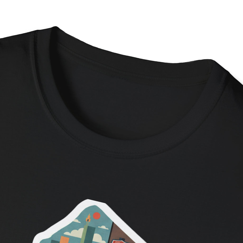 New Jersey map T-shirt, black crew-neck close-up with top of colorful graphic