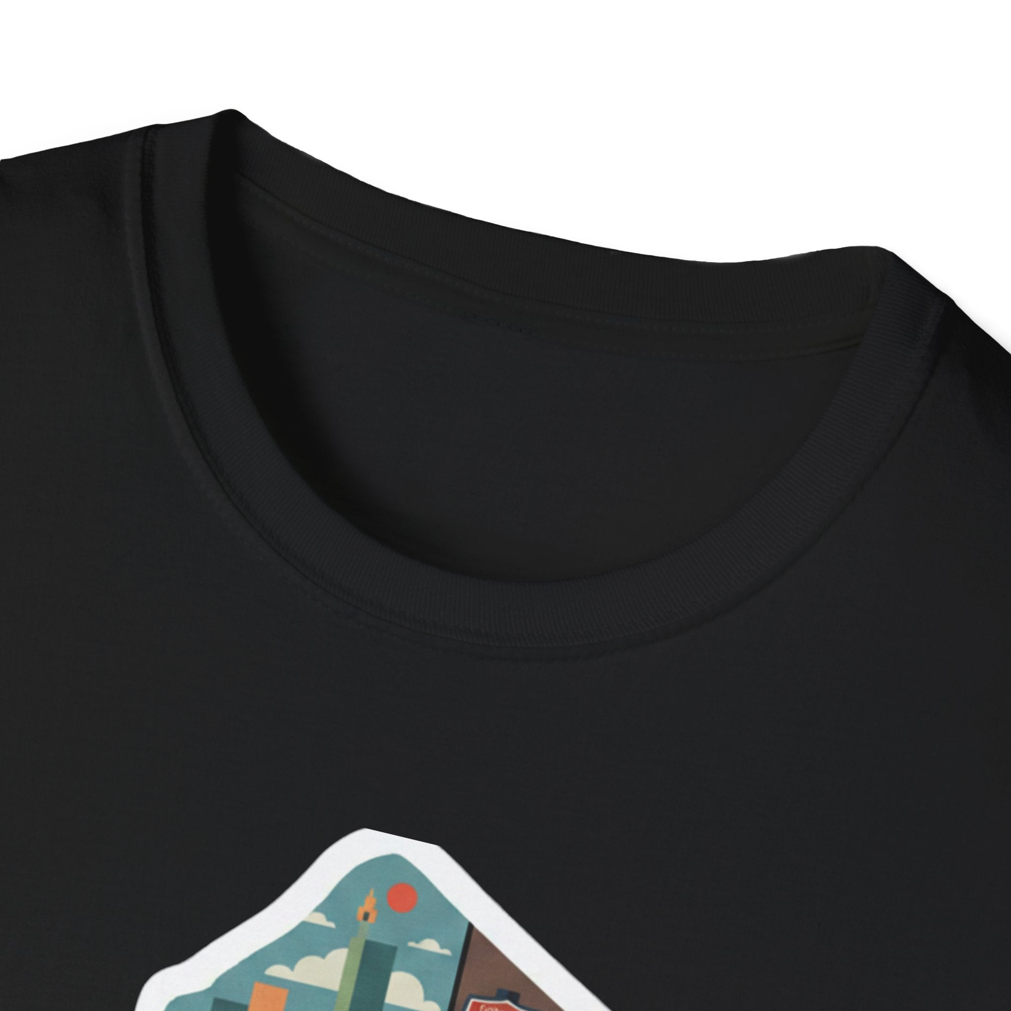 New Jersey map T-shirt, black crew-neck close-up with top of colorful graphic