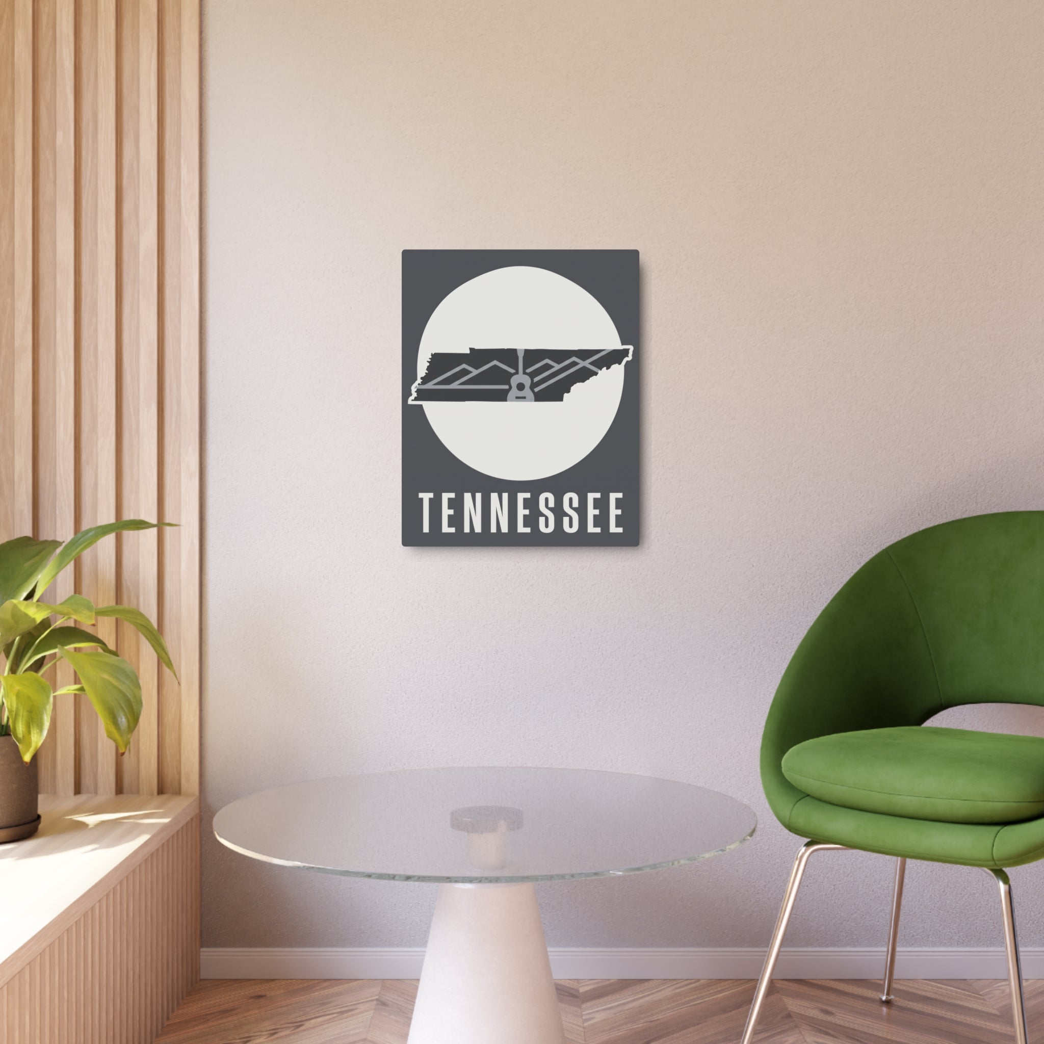 Tennessee metal wall art displayed on wall above white table, dark square silhouette sign