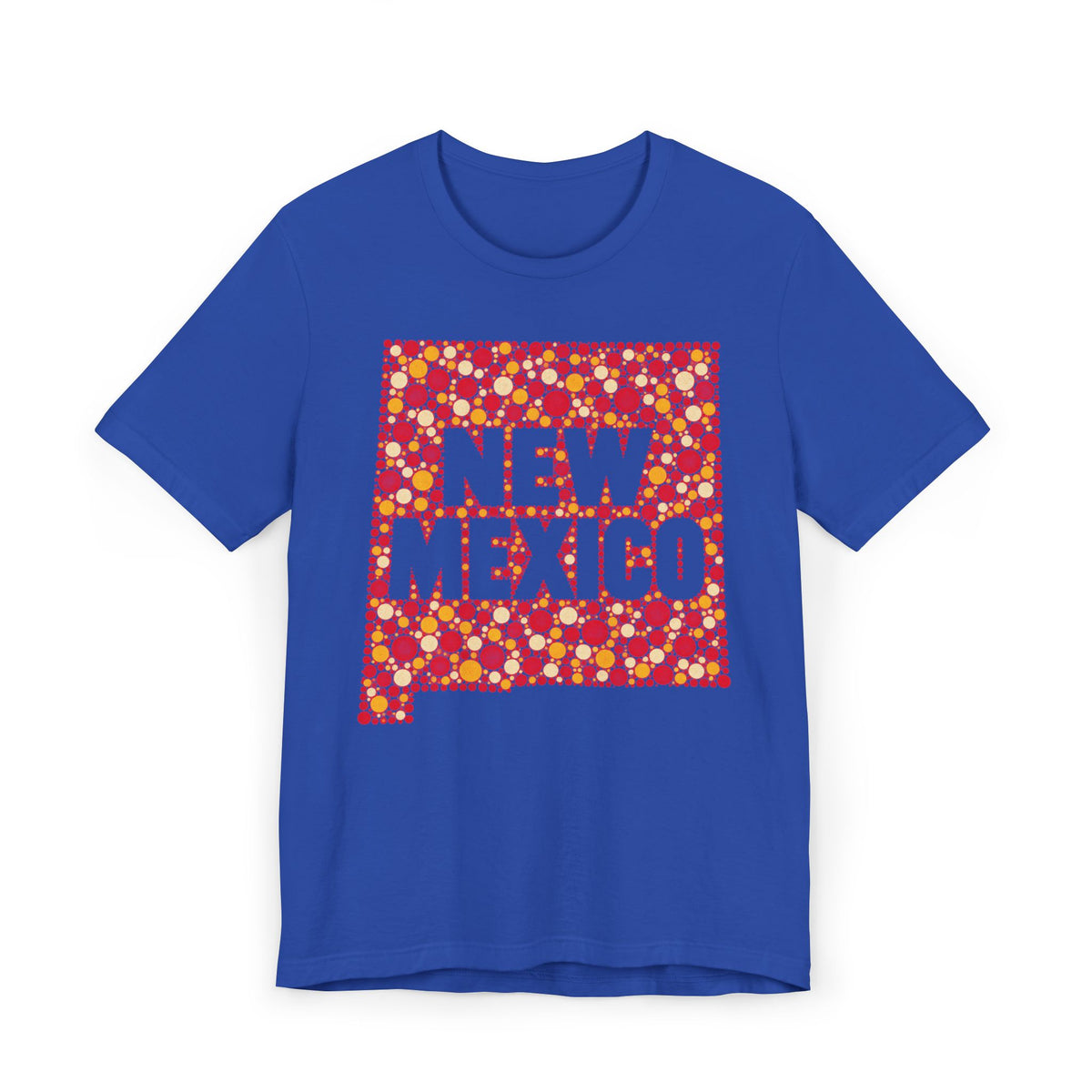 Blue crewneck t-shirt with colorful New Mexico floral map graphic