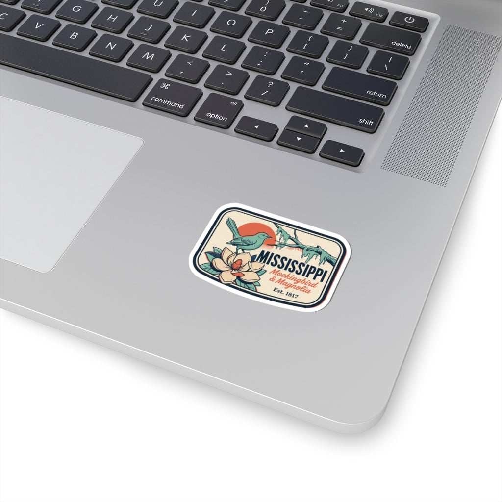 Vintage state badge sticker with bird and magnolia, rectangular kiss-cut decal