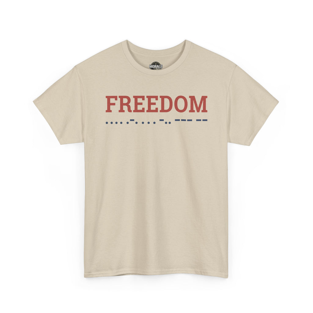Sand Freedom t-shirt with red “FREEDOM” and blue dot line on chest