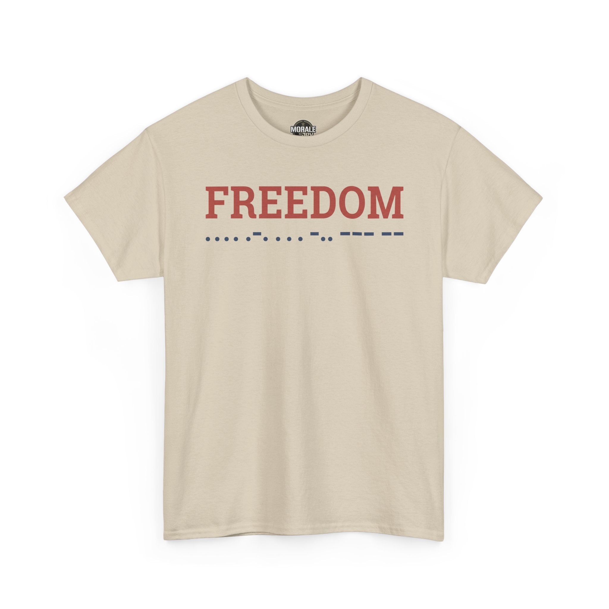 Sand Freedom t-shirt with red “FREEDOM” and blue dot line on chest