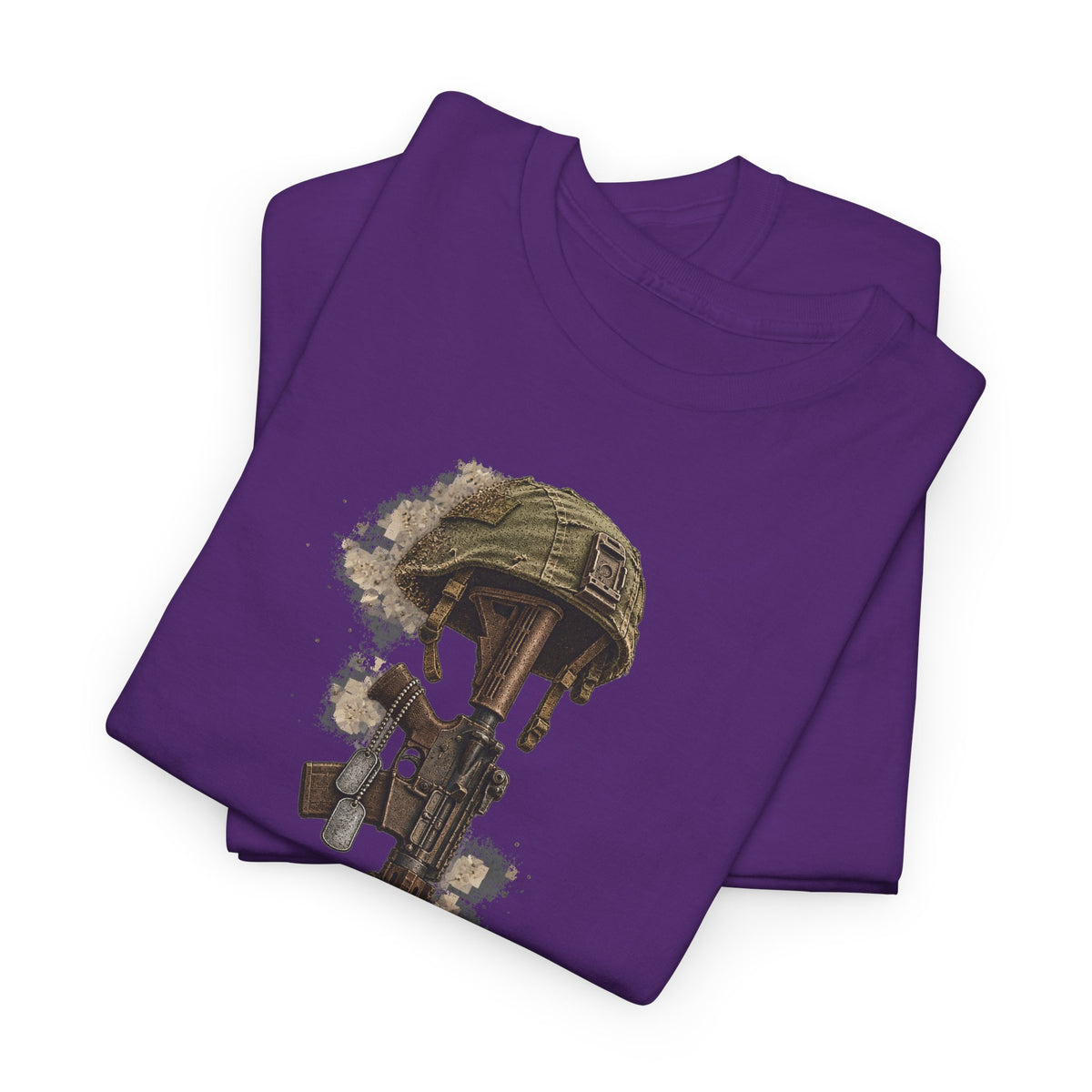 Purple crewneck t-shirt with helmet and boots honor graphic
