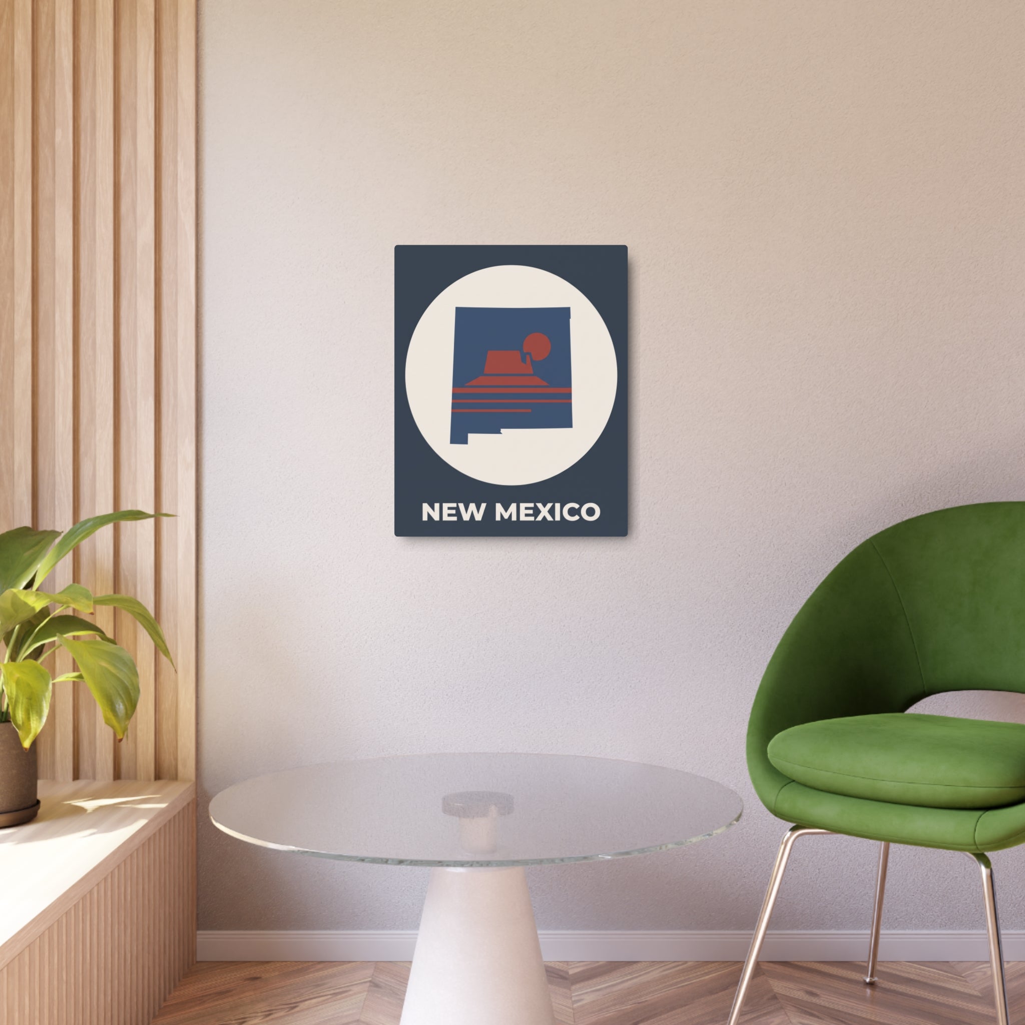 New Mexico metal silhouette wall sign, dark blue square with white oval and “NEW MEXICO”