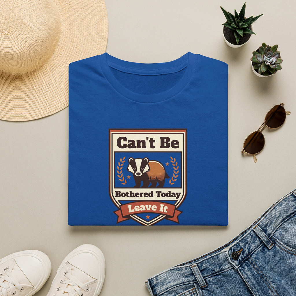 Blue T-shirt with crew neck and brown skunk graphic with laurel and ribbon.