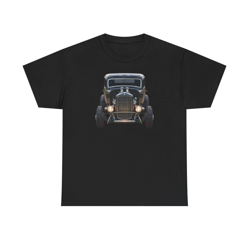 Black T-shirt with vintage hot rod car graphic centered on the chest