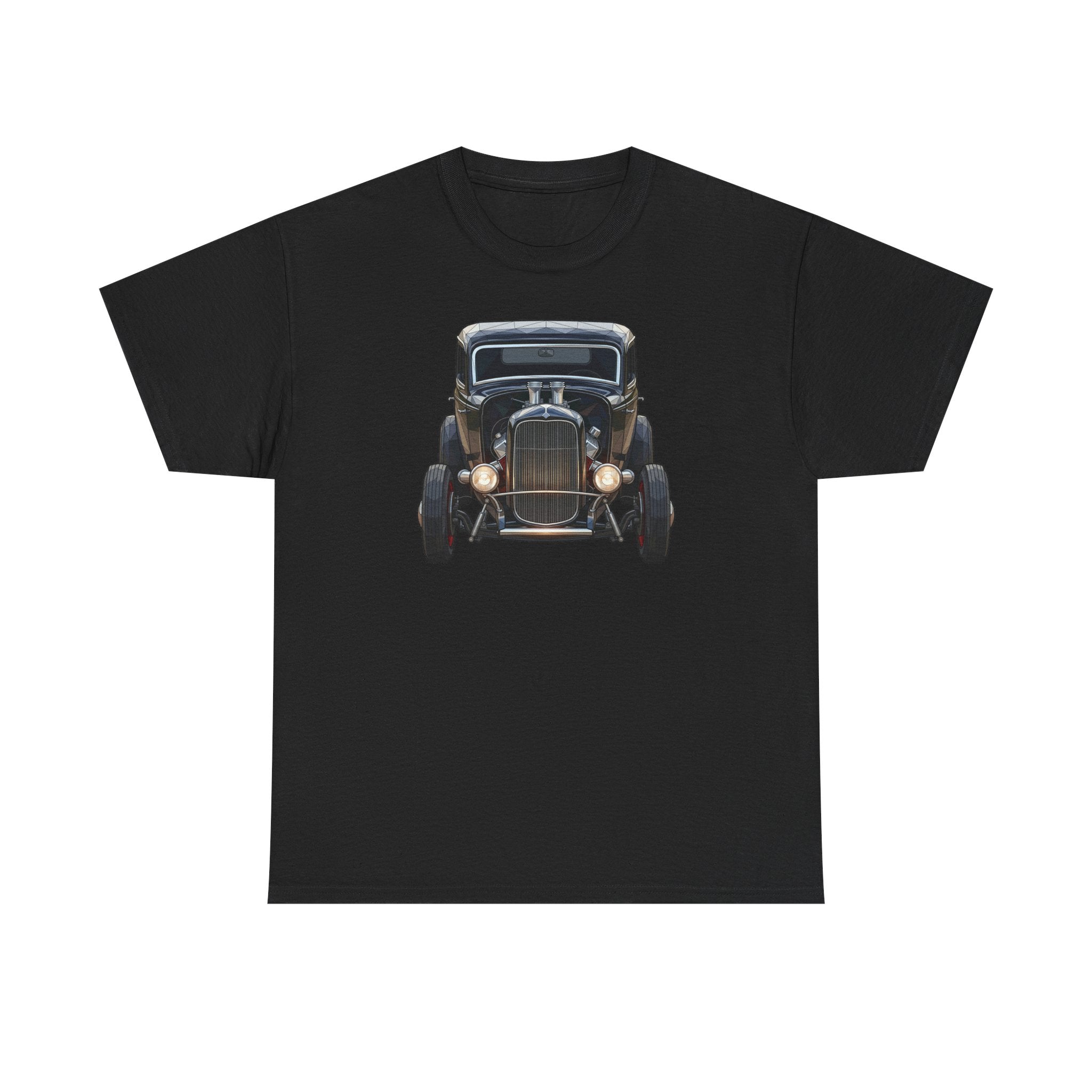 Black T-shirt with vintage hot rod car graphic centered on the chest
