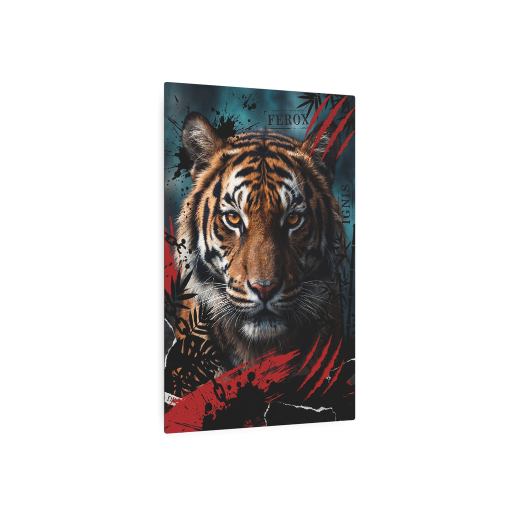 Tiger wall art print showing full head and shoulders, dark background with red streaks