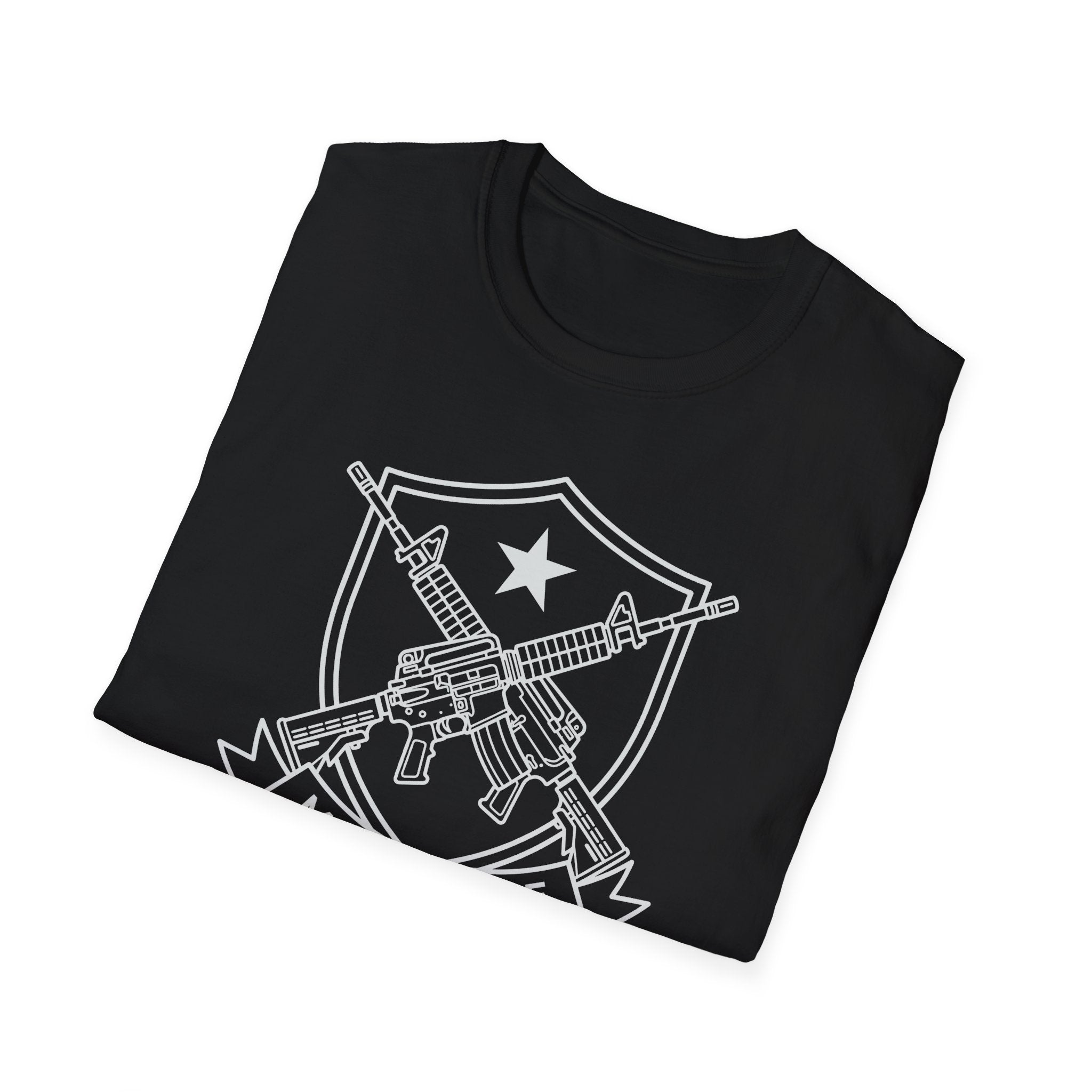 Black crewneck T-shirt with shield emblem and crossed rifles print on chest