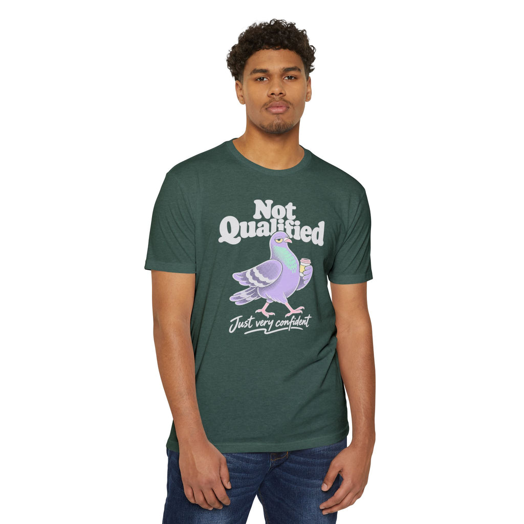 Green crewneck T-shirt with white "Not Qualified" pigeon graphic on chest