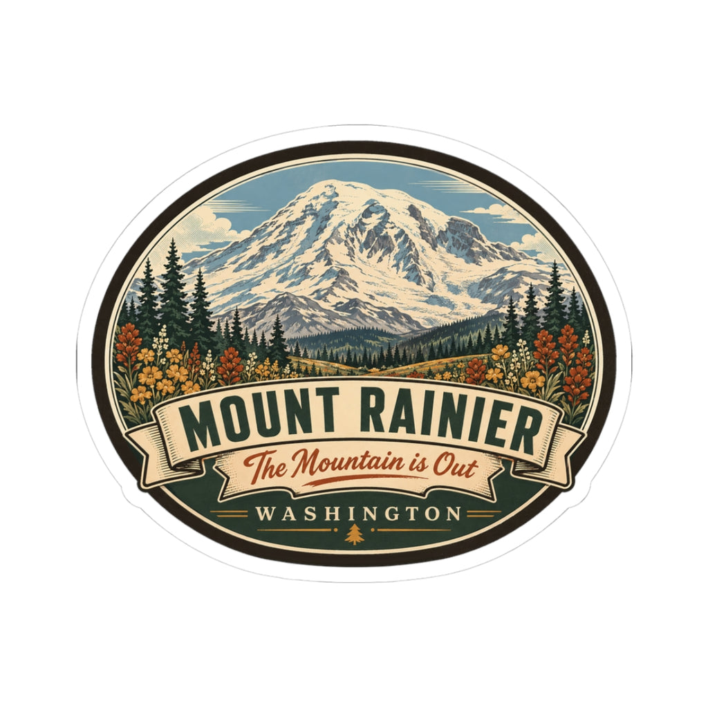 Oval travel sticker: Mount Rainier mountain scene with evergreen trees and WASHINGTON text